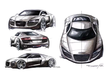 HD PC desktop wallpaper featuring detailed sketches of an Audi sports car from multiple angles, showcasing its sleek design and dynamic form.