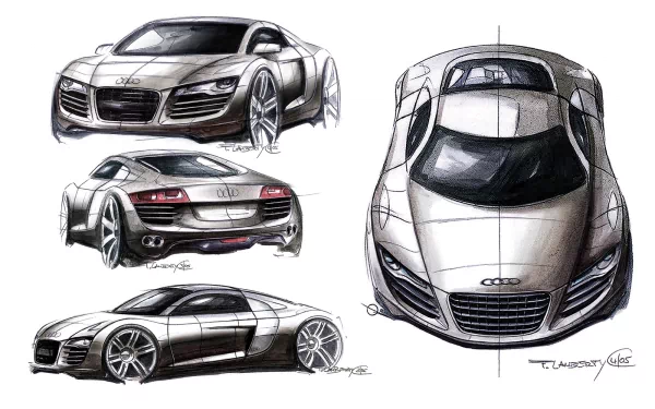HD PC desktop wallpaper featuring detailed sketches of an Audi sports car from multiple angles, showcasing its sleek design and dynamic form.