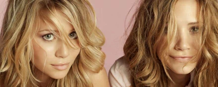 Close-up HD wallpaper of the blonde Olsen Twins with softly styled hair against a pink background.