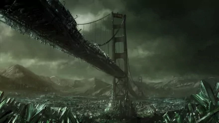 HD desktop wallpaper shows a Sci-Fi, post-apocalyptic scene featuring a large bridge extending over a landscape filled with large glowing crystals under a dark, cloudy sky.