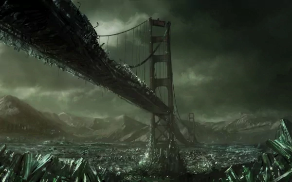 HD desktop wallpaper shows a Sci-Fi, post-apocalyptic scene featuring a large bridge extending over a landscape filled with large glowing crystals under a dark, cloudy sky.