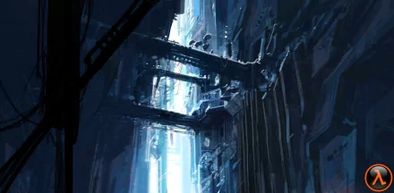 A striking HD wallpaper depicting a futuristic environment from the video game Half-Life, featuring industrial structures and dramatic lighting effects.