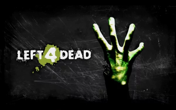 HD desktop wallpaper featuring the video game Left 4 Dead with a green hand reaching upward against a dark, grungy background and the game title text to the left.