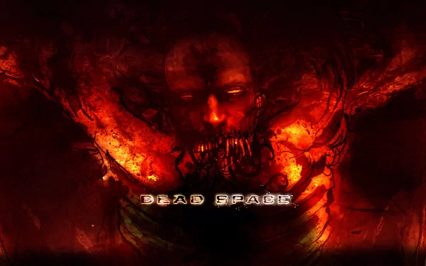 A haunting HD desktop wallpaper from the video game Dead Space, featuring a grotesque figure surrounded by dark, fiery colors with the title prominently displayed.