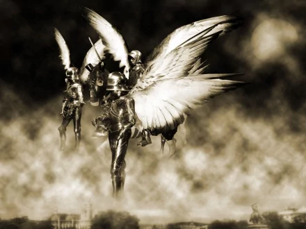 A group of mystical armored warriors with wings emerges from the fog, set against a high-definition fantasy backdrop.
