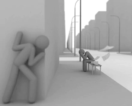 HD PC desktop wallpaper featuring grayscale 3D figures in an abstract urban setting, with one figure hiding behind a wall and another sitting at a table on a minimalist street.