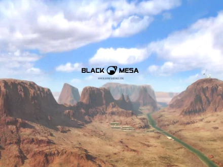 HD desktop wallpaper and background featuring a scenic landscape from the video game Half-Life, showcasing the Black Mesa Research Facility nestled among rocky desert mountains under a partly cloudy sky.