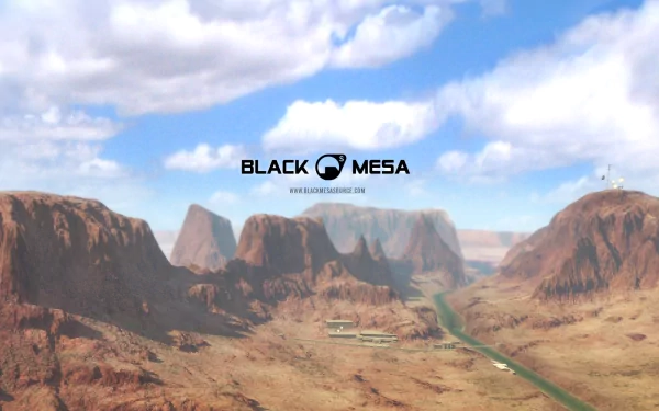 HD desktop wallpaper and background featuring a scenic landscape from the video game Half-Life, showcasing the Black Mesa Research Facility nestled among rocky desert mountains under a partly cloudy sky.