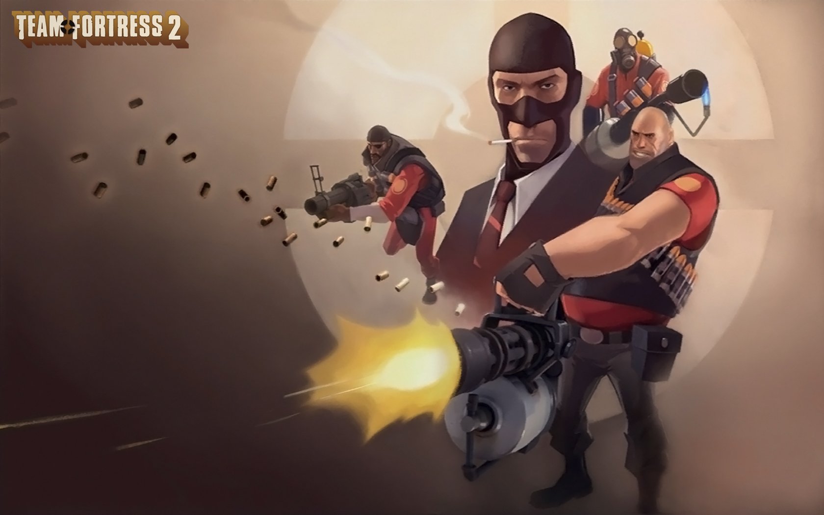 HD PC desktop wallpaper featuring characters from the video game Team Fortress 2, showcasing the Spy, Heavy, Pyro, and Demoman in action poses with dynamic lighting.