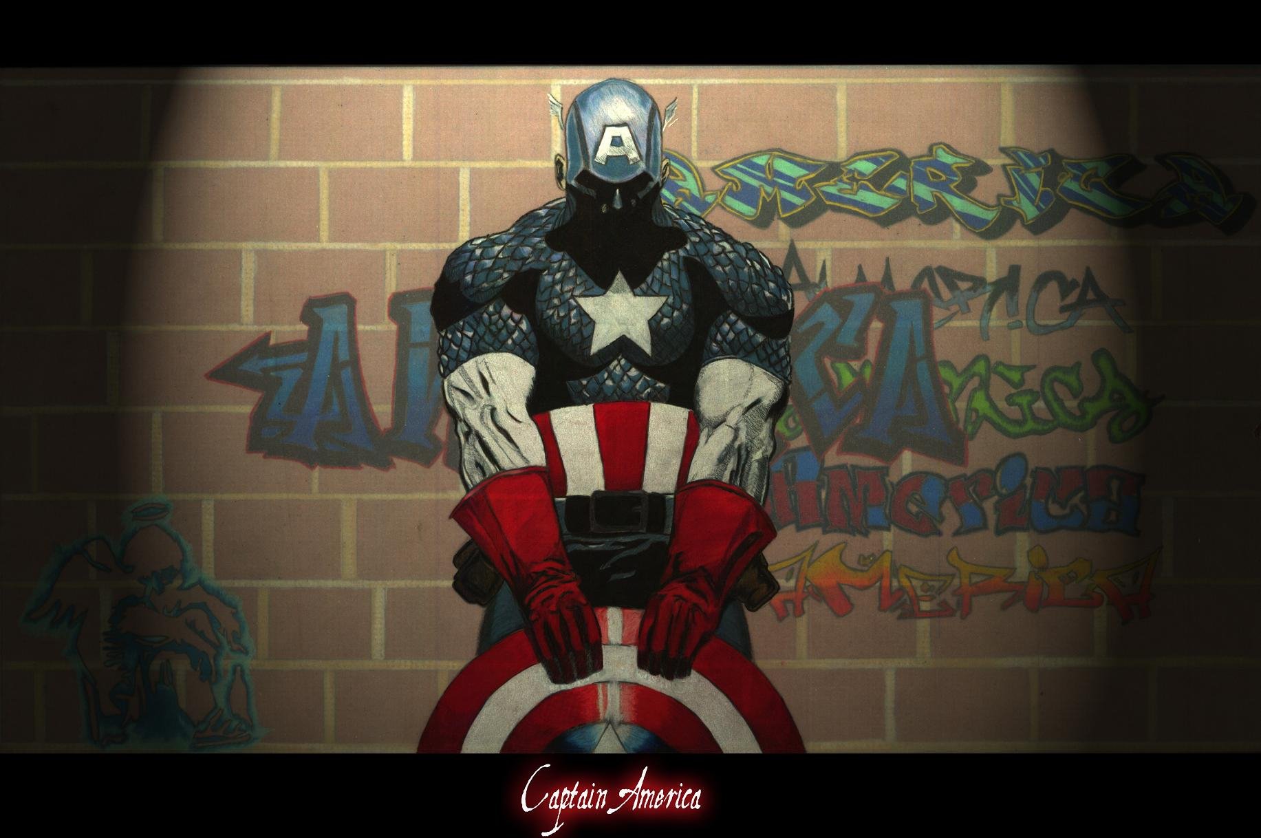 HD desktop wallpaper featuring Captain America standing against a graffiti-covered wall, holding his shield.