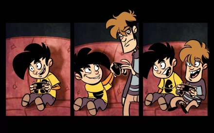 Comic-style Penny Arcade HD desktop wallpaper featuring characters playing video games together in three animated panels.