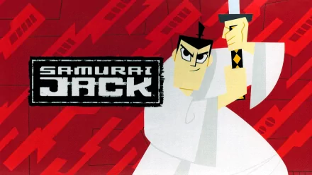 HD desktop wallpaper featuring Samurai Jack in an action pose with his sword. The TV show’s logo is prominently displayed on a red geometric background.