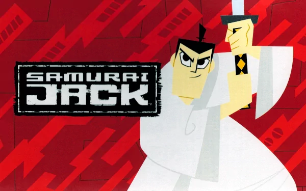 HD desktop wallpaper featuring Samurai Jack in an action pose with his sword. The TV show’s logo is prominently displayed on a red geometric background.