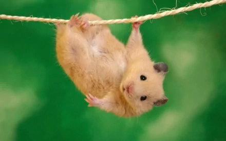 HD desktop wallpaper featuring a cute hamster hanging upside down from a rope against a vibrant green background.
