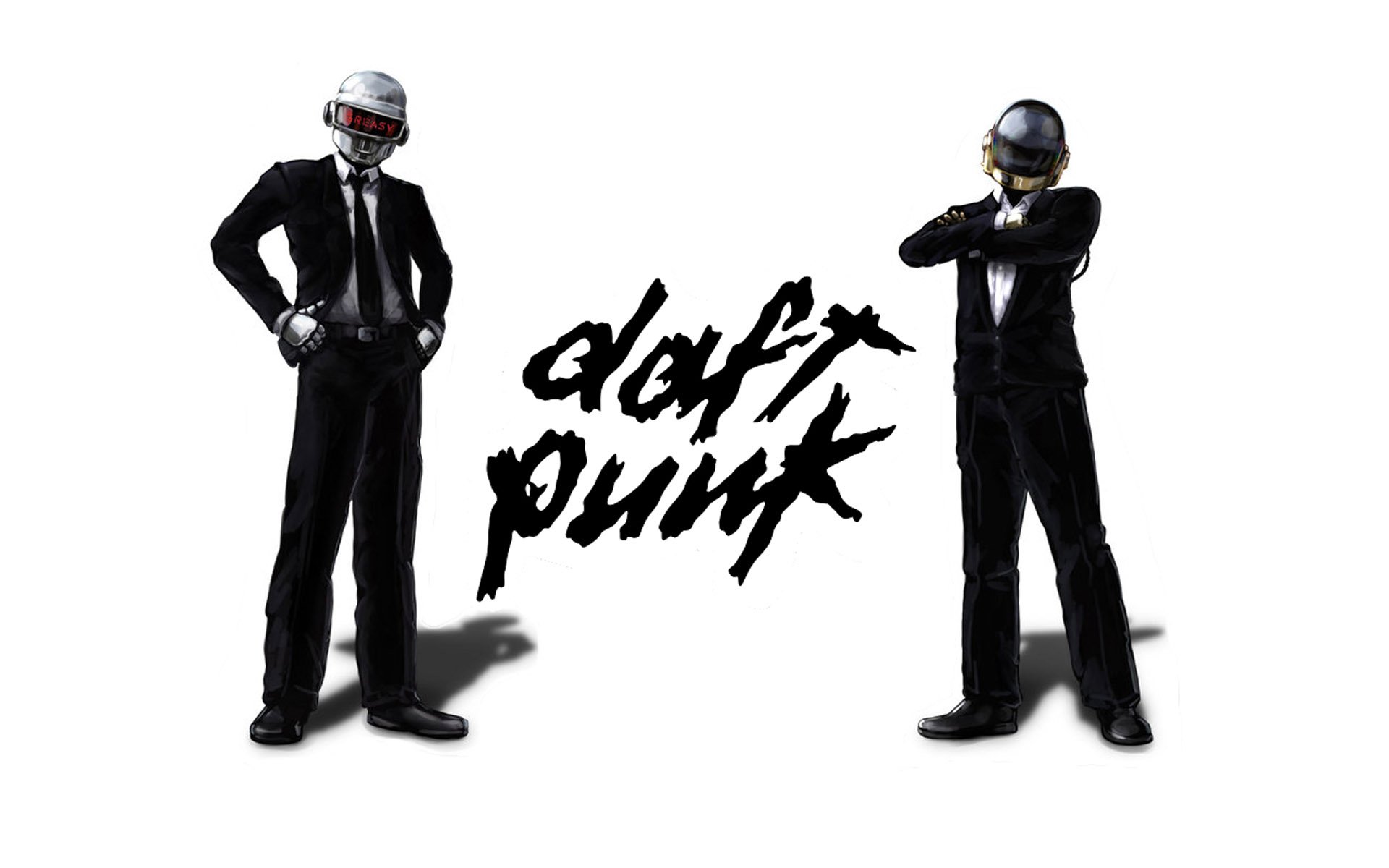 HD PC desktop wallpaper featuring Daft Punk’s iconic robotic duo in suits with the band’s stylized logo centered on a white background.