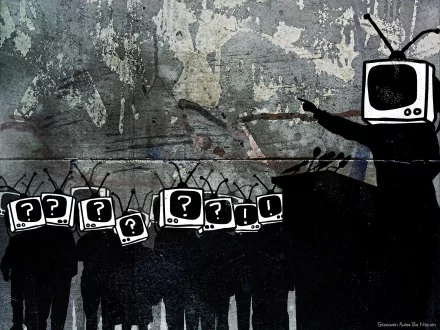 Artistic HD wallpaper depicting humans with TV screens for heads, featuring question marks, with a TV-headed figure pointing forward.