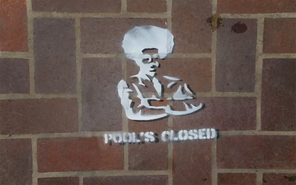 HD desktop wallpaper of a brick wall with a funny stencil showing a person holding a plate and the mocking text POOL'S CLOSED! painted beneath.