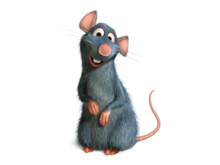 HD desktop wallpaper featuring Remy, the blue-gray rat from the movie Ratatouille, standing upright with a cheerful expression on a white background.