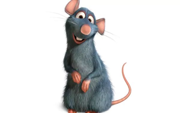 HD desktop wallpaper featuring Remy, the blue-gray rat from the movie Ratatouille, standing upright with a cheerful expression on a white background.