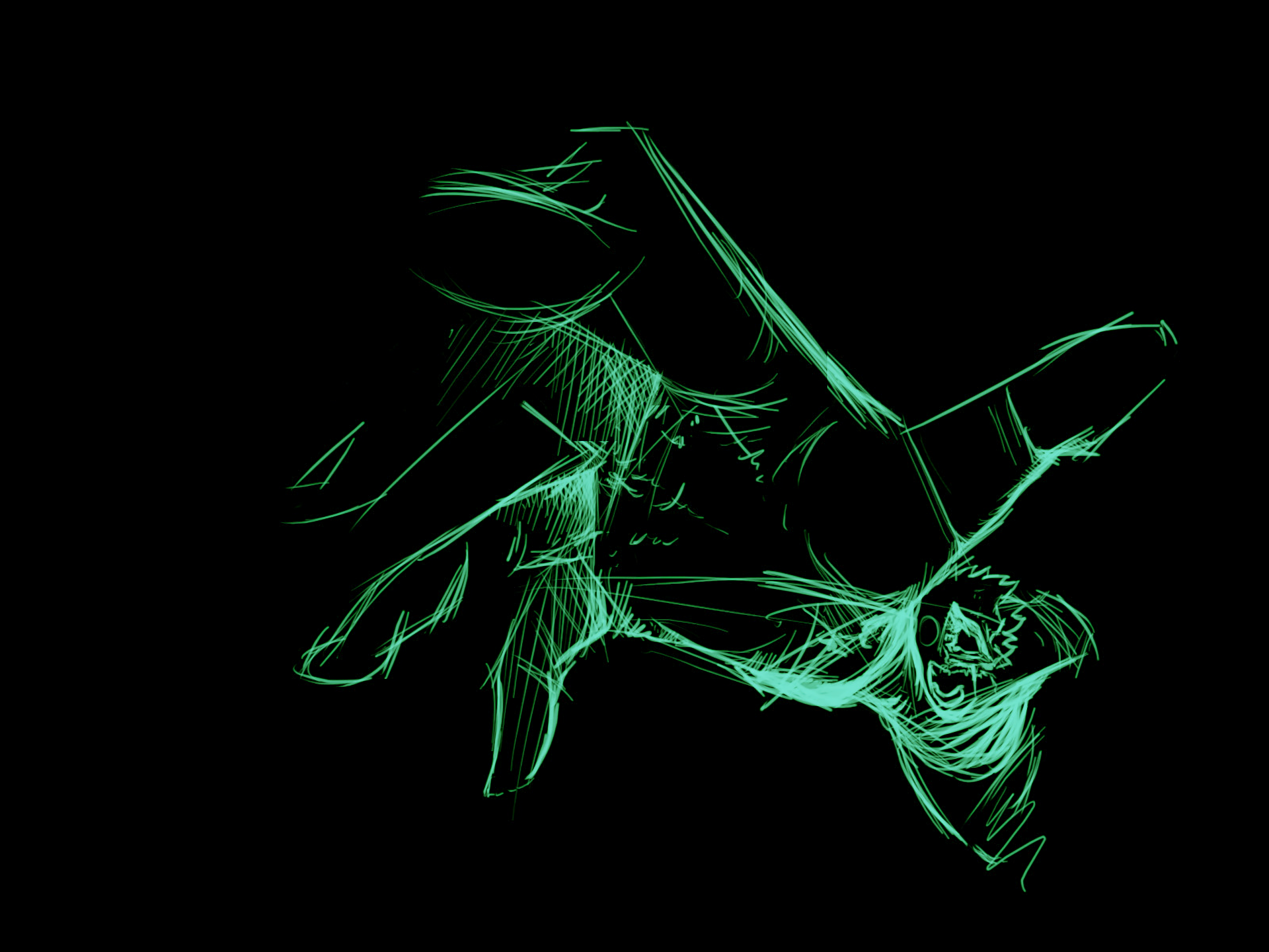 An artistic representation of a hand in vibrant green lines against a black background, creating an intriguing and dynamic HD desktop wallpaper.