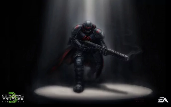 HD PC desktop wallpaper from the video game Command & Conquer 3: Tiberium Wars featuring a heavily armored soldier in dramatic spotlight.