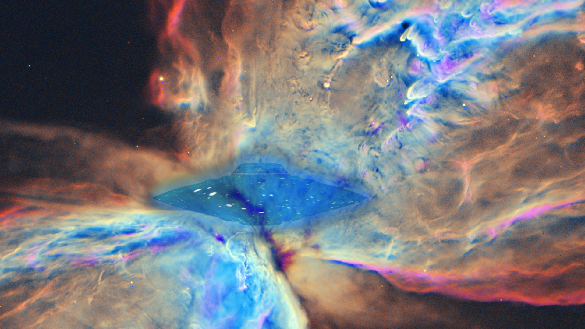 HD sci-fi desktop wallpaper featuring a detailed spaceship emerging from vibrant cosmic clouds in deep space.