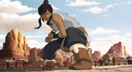 HD wallpaper from Avatar: The Legend of Korra featuring Korra in a combat stance with a rocky desert background.