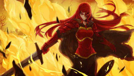 Anime-style HD PC desktop wallpaper featuring Blair from Pixiv Fantasia Fallen Kings, depicted with flowing red hair and armor, wielding a sword amidst fiery flames.