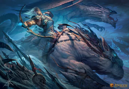 HD PC desktop wallpaper from the video game Dragons of Eternity, featuring an armored warrior on a dragon amid a misty, dynamic fantasy battle scene.