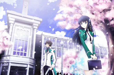 HD desktop wallpaper featuring Shiba Miyuki and Tatsuya Shiba from The Irregular at Magic High School in an anime-style scene with sakura blossoms and a school building in the background.