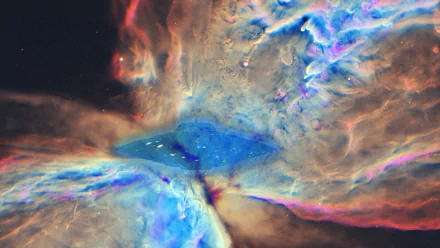 HD sci-fi desktop wallpaper featuring a detailed spaceship emerging from vibrant cosmic clouds in deep space.