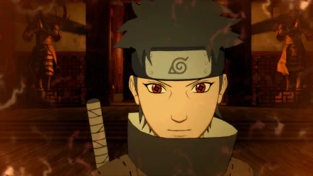 HD PC wallpaper: Shisui Uchiha from the video game Naruto Shippuden: Ultimate Ninja Storm Revolution — close-up with Sharingan eyes, forehead protector and sword against a dim shrine backdrop.