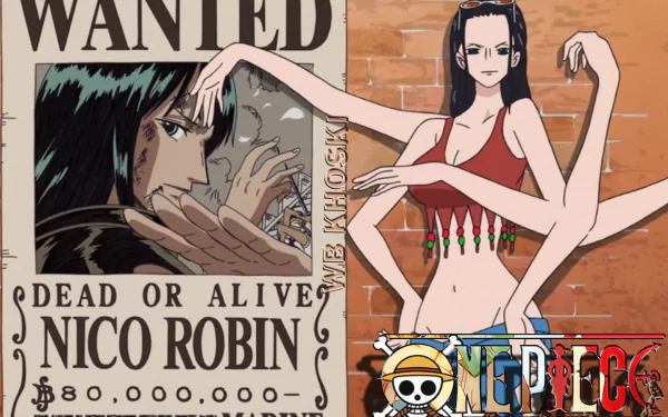 A vibrant HD wallpaper featuring Nico Robin from the anime One Piece, showcasing her iconic wanted poster alongside her striking character design in a dynamic pose.