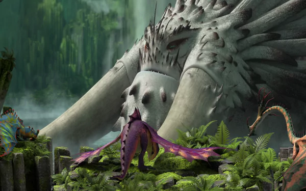 A vibrant scene from *How to Train Your Dragon 2*, featuring colorful dragons and a mysterious large structure amidst lush greenery, making a captivating HD desktop wallpaper.