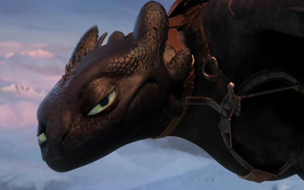 HD PC desktop wallpaper featuring Toothless from the movie How to Train Your Dragon 2, showcasing the dragon's detailed face and expression against a cloudy sky.