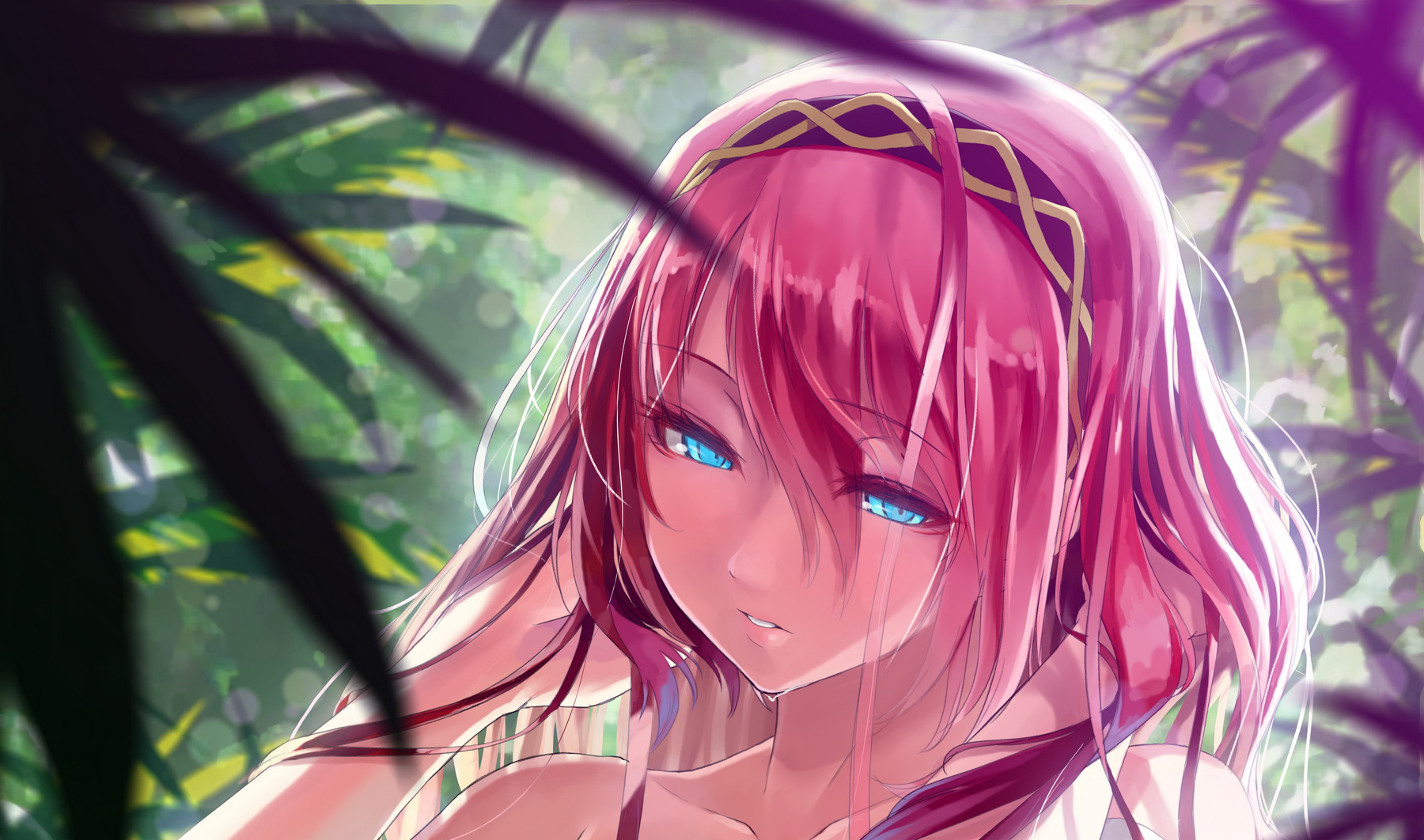 Close-up of Luka Megurine, an anime character from Vocaloid, set against a lush background. This HD wallpaper captures her vibrant features and captivating expression.