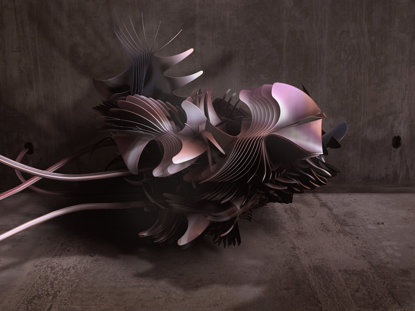 An abstract artistic creation featuring intricate shapes and flowing lines, set against a muted background, making a striking HD desktop wallpaper.