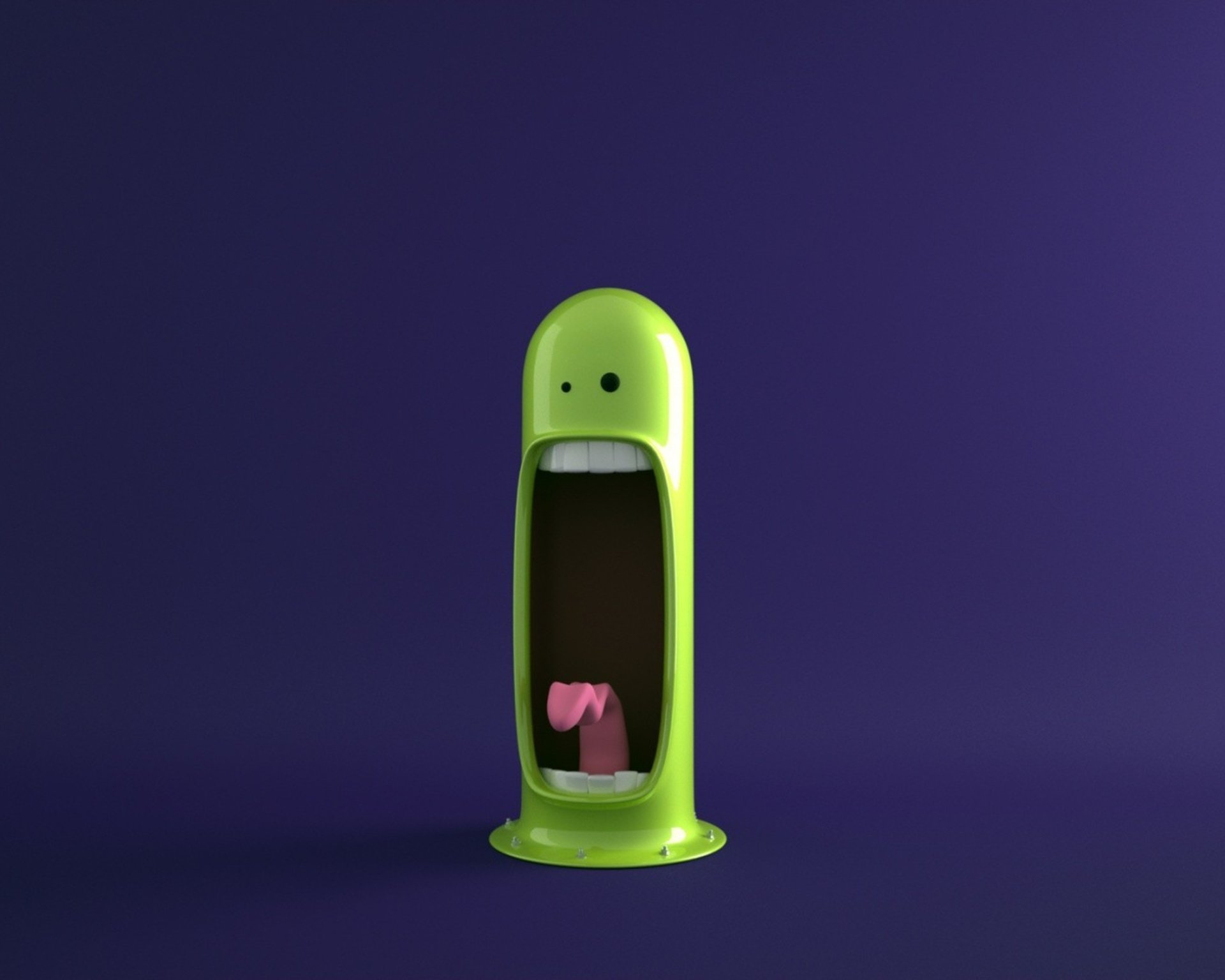 A vibrant digital artwork featuring a green character with a wide-open mouth and a pink tongue, set against a rich purple background. This piece serves as an engaging HD desktop wallpaper.