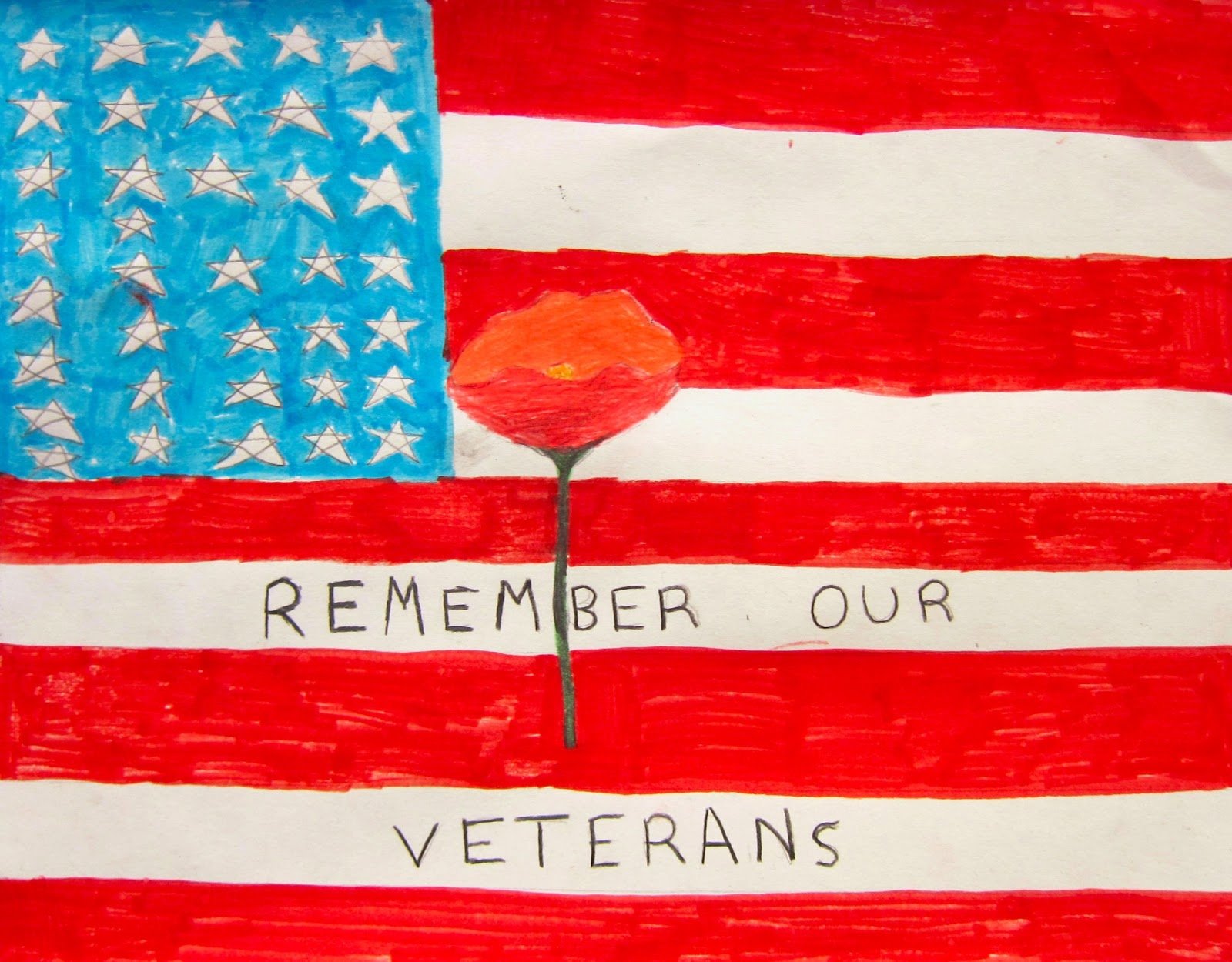 HD PC desktop wallpaper: hand-painted American flag with a red poppy over the stripes and the handwritten phrase Remember Our Veterans for Veterans Day.