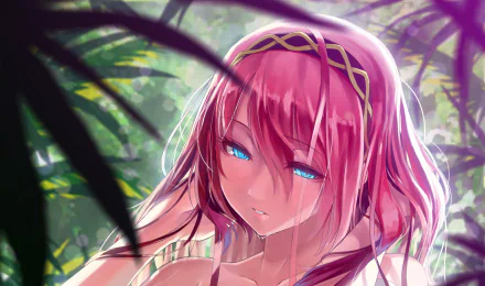 Close-up of Luka Megurine, an anime character from Vocaloid, set against a lush background. This HD wallpaper captures her vibrant features and captivating expression.