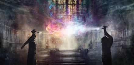 HD desktop wallpaper depicting two figures casting magic in an elemental fantasy setting, with colorful energy swirling in a cathedral-like structure.