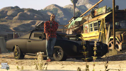 HD desktop wallpaper and background featuring a character from the video game Grand Theft Auto V standing by a black car in a rustic desert setting with mountains and a rundown building in the background.