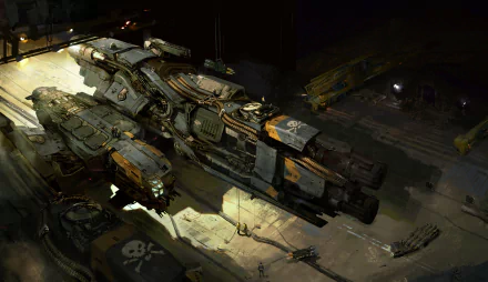 HD wallpaper of a detailed spaceship docked in a dark industrial hangar, exuding a sci-fi ambiance.