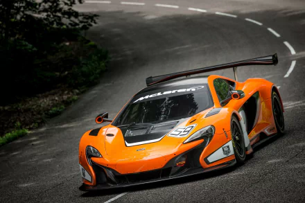 Orange McLaren 650S GT3 supercar racing on a winding road, captured in high definition as a dynamic PC desktop wallpaper.