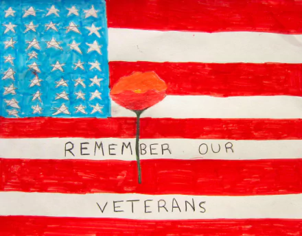 HD PC desktop wallpaper: hand-painted American flag with a red poppy over the stripes and the handwritten phrase Remember Our Veterans for Veterans Day.