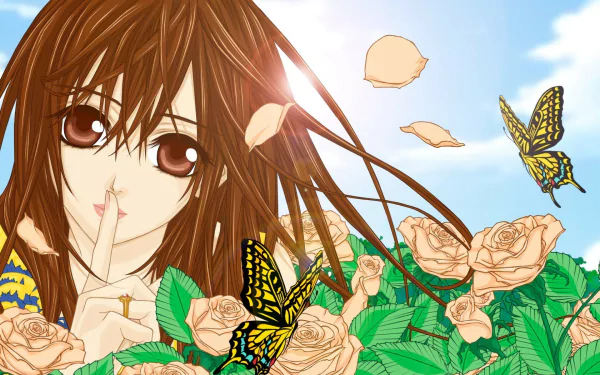 HD anime wallpaper featuring Yuki Kuran from Vampire Knight with butterflies, roses, and sunshine, blending serene nature elements with a delicate, expressive character design.