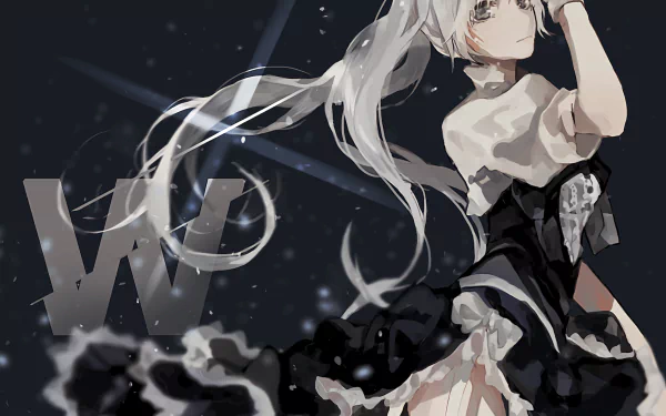 A striking HD wallpaper featuring Weiss Schnee from the anime RWBY, showcasing her elegant pose and flowing hair against a dark background with dynamic elements.