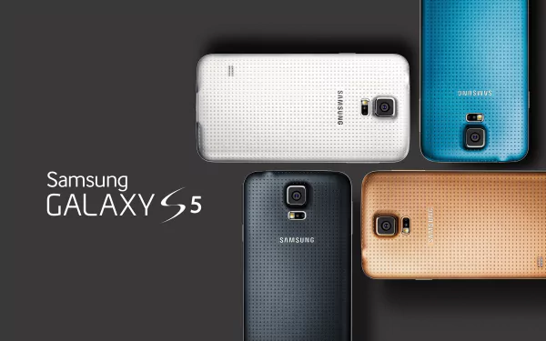 HD PC desktop wallpaper featuring Samsung Galaxy S5 smartphones in white, blue, black, and gold, showcasing sleek technology and modern design.