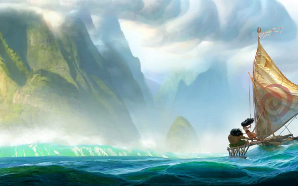 A vibrant HD wallpaper featuring Moana Waialiki and Maui sailing across the ocean, surrounded by lush mountains and dramatic clouds, inspired by the Disney movie Moana.