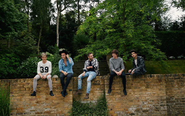 A vibrant HD desktop wallpaper featuring the musical group One Direction, with the members sitting on a brick wall amidst lush greenery.